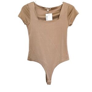 Shop Stevie Tan Soft Short Sleeve Fitted Bodysuit One Piece Medium